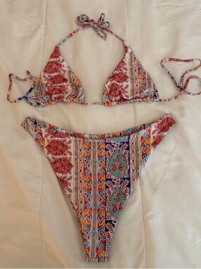 Skatie Multicolor Paisley Print Triangle Bikini - Pink, Blue, Orange